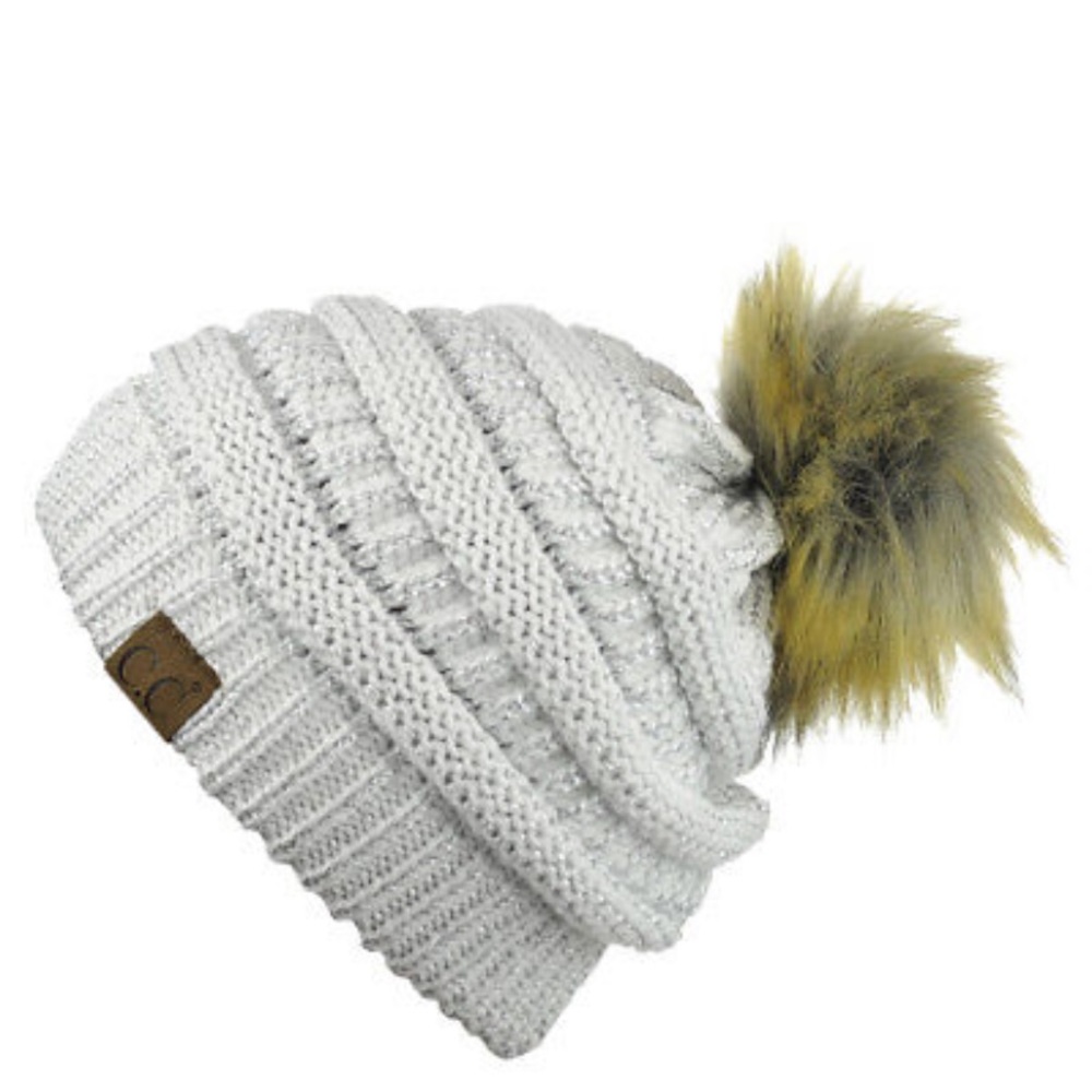 CC Beanie Brand Exclusive Soft Stretch Cable Knit Faux Fur Pom Pom CC Hat